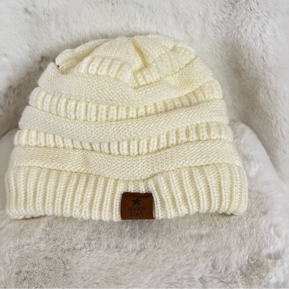 Cream Knit Beanie Super Star Faux Fur Lined Winter Warm Hat Women